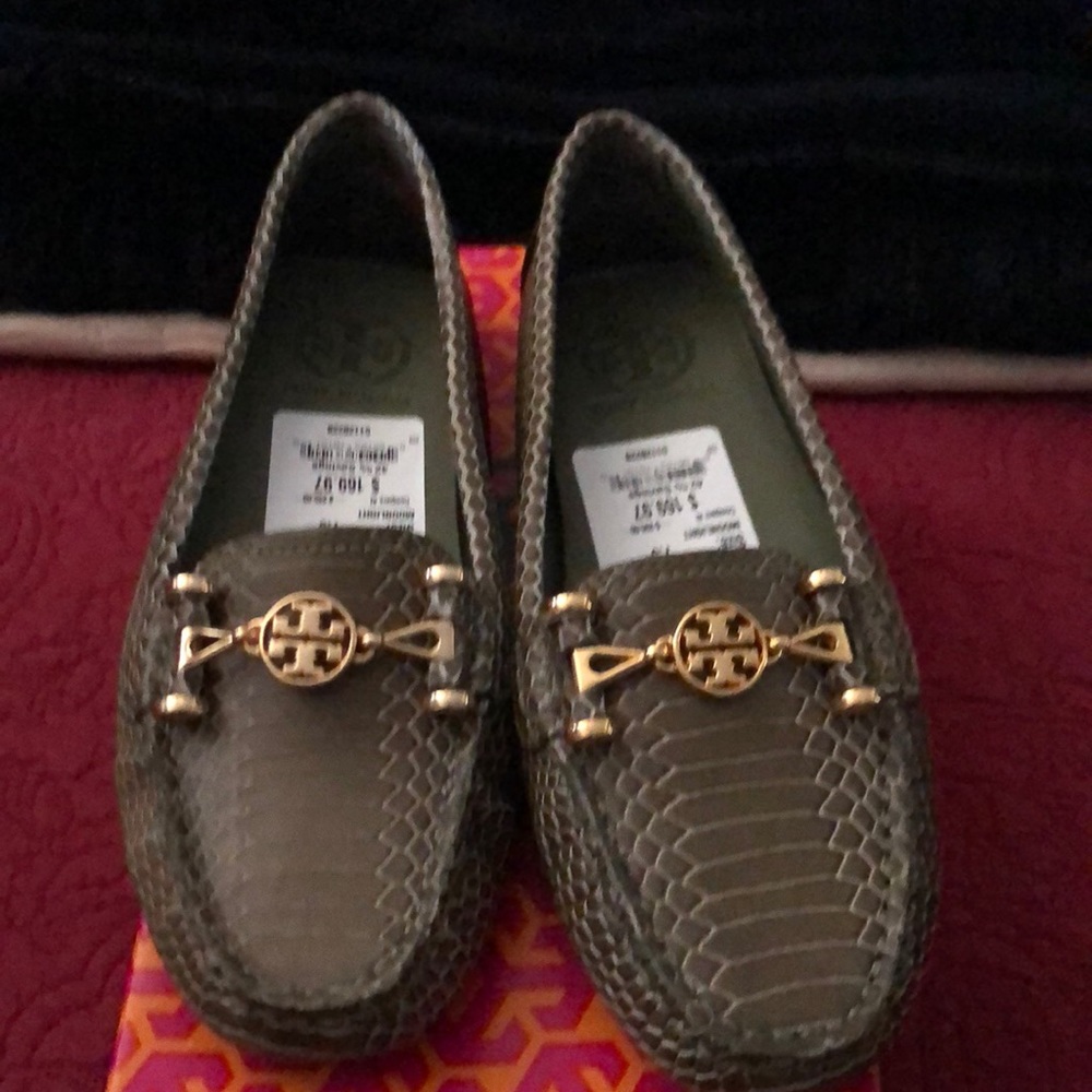 Tory Burch snake skin driving shoes